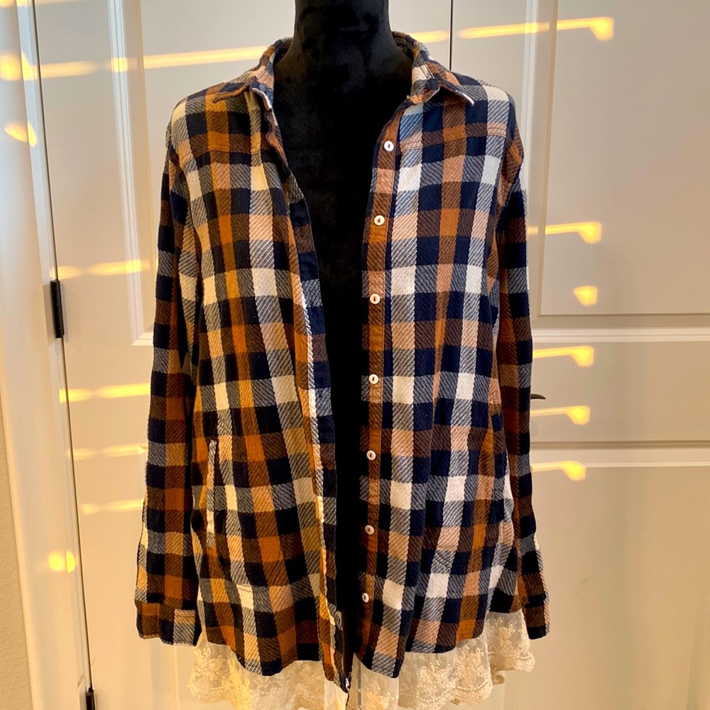 Hayden Los Angles Orange/ Gold and Navy Flannel Button Down with Lace Trim